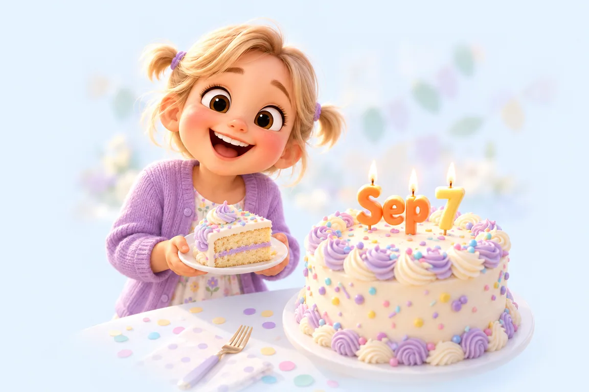 Cartoon birthday scene for September 7: a child behind a cake whose candles spell the date