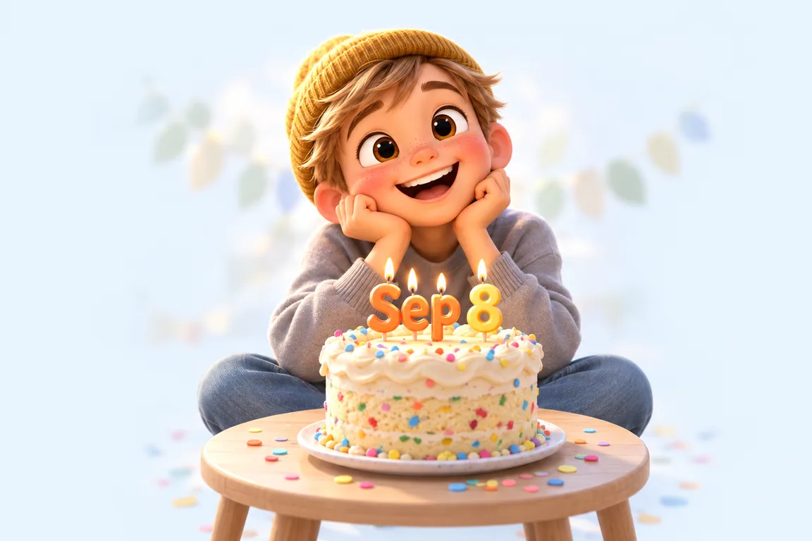 Cartoon birthday scene for September 8: a child behind a cake whose candles spell the date