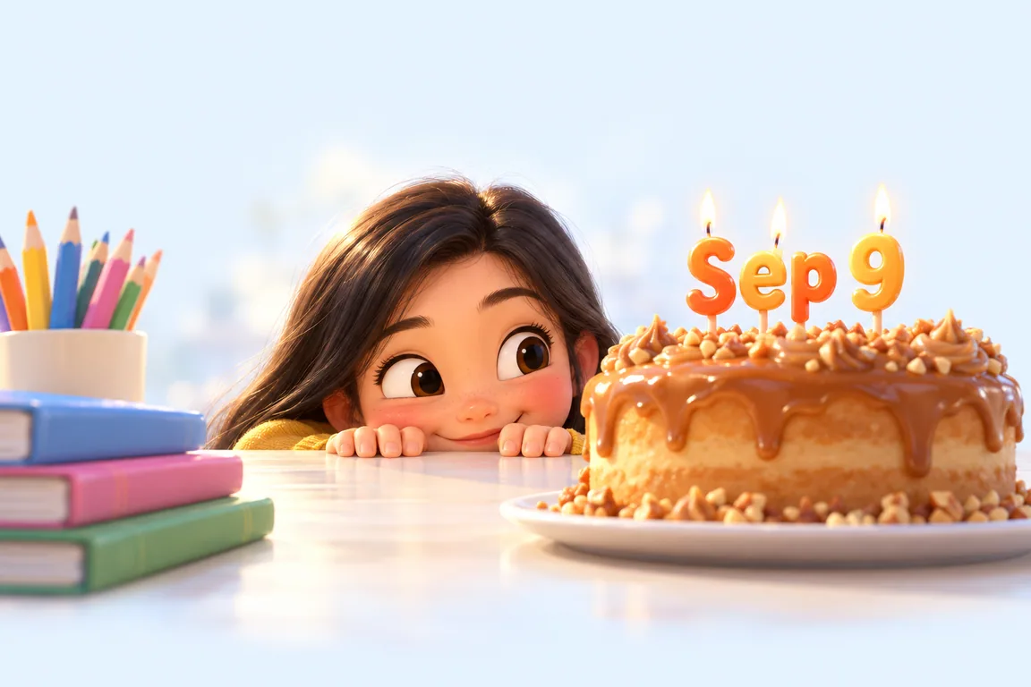 Cartoon birthday scene for September 9: a child behind a cake whose candles spell the date