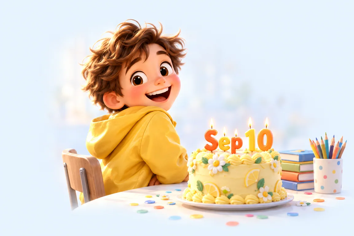 Cartoon birthday scene for September 10: a child behind a cake whose candles spell the date