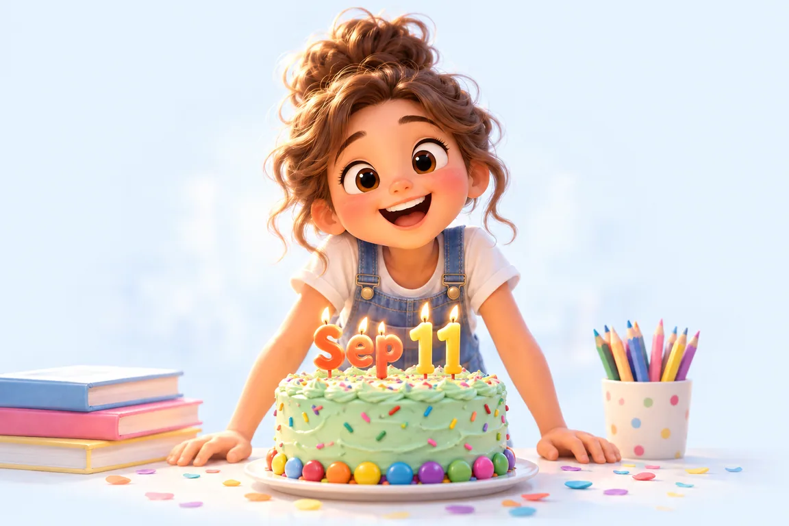Cartoon birthday scene for September 11: a child behind a cake whose candles spell the date