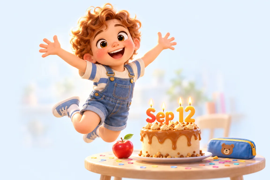 Cartoon birthday scene for September 12: a child behind a cake whose candles spell the date