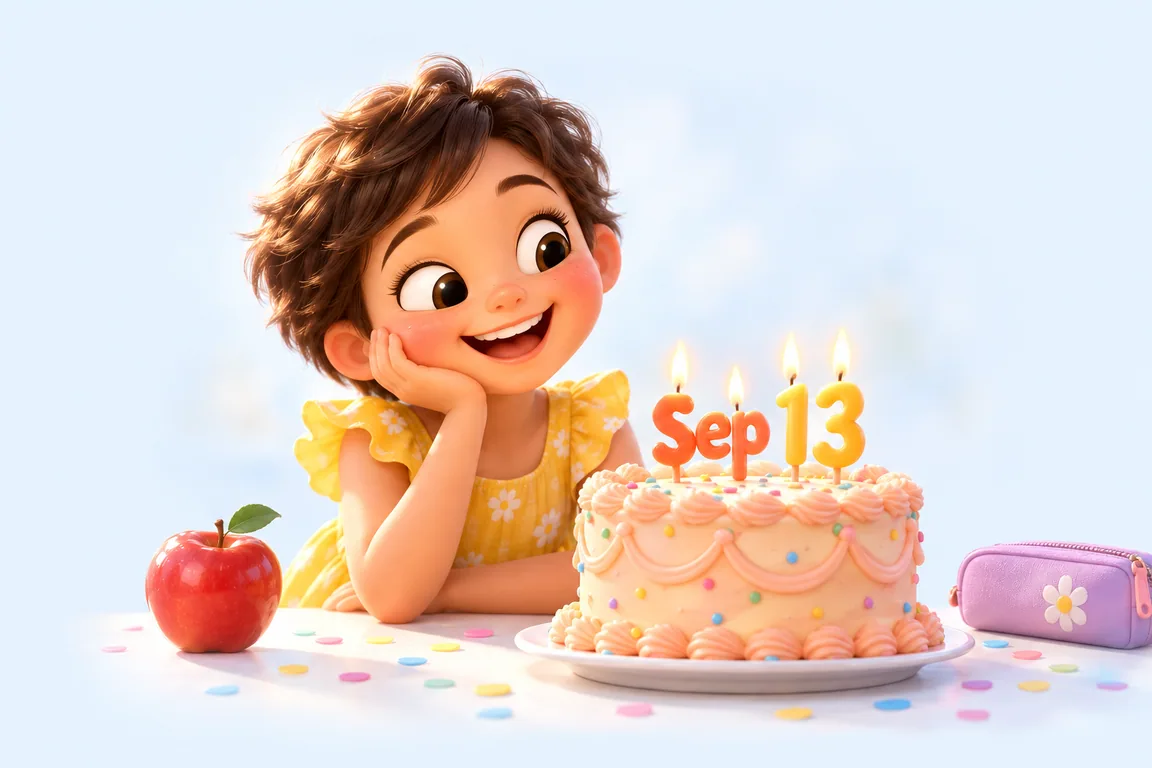 Cartoon birthday scene for September 13: a child behind a cake whose candles spell the date