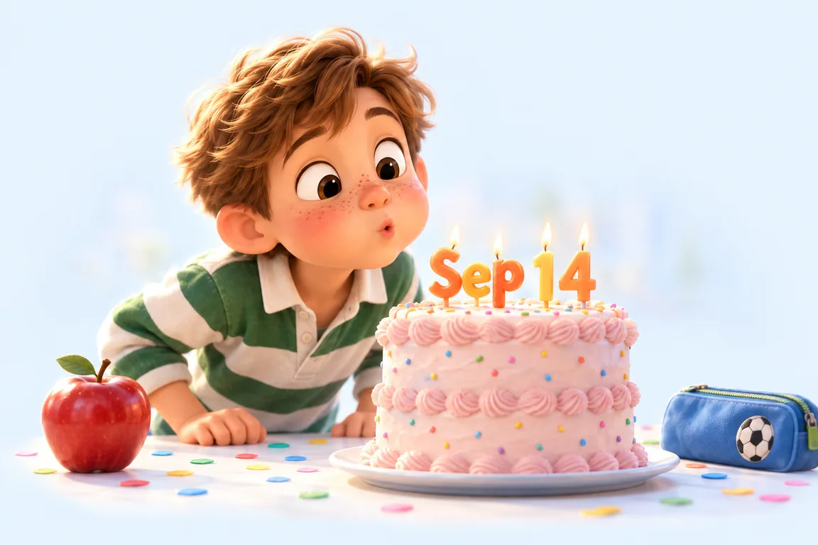 Cartoon birthday scene for September 14: a child behind a cake whose candles spell the date