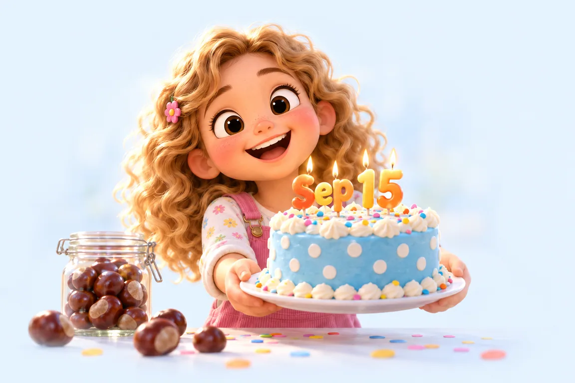Cartoon birthday scene for September 15: a child behind a cake whose candles spell the date
