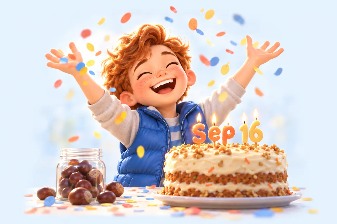 Cartoon birthday scene for September 16: a child behind a cake whose candles spell the date