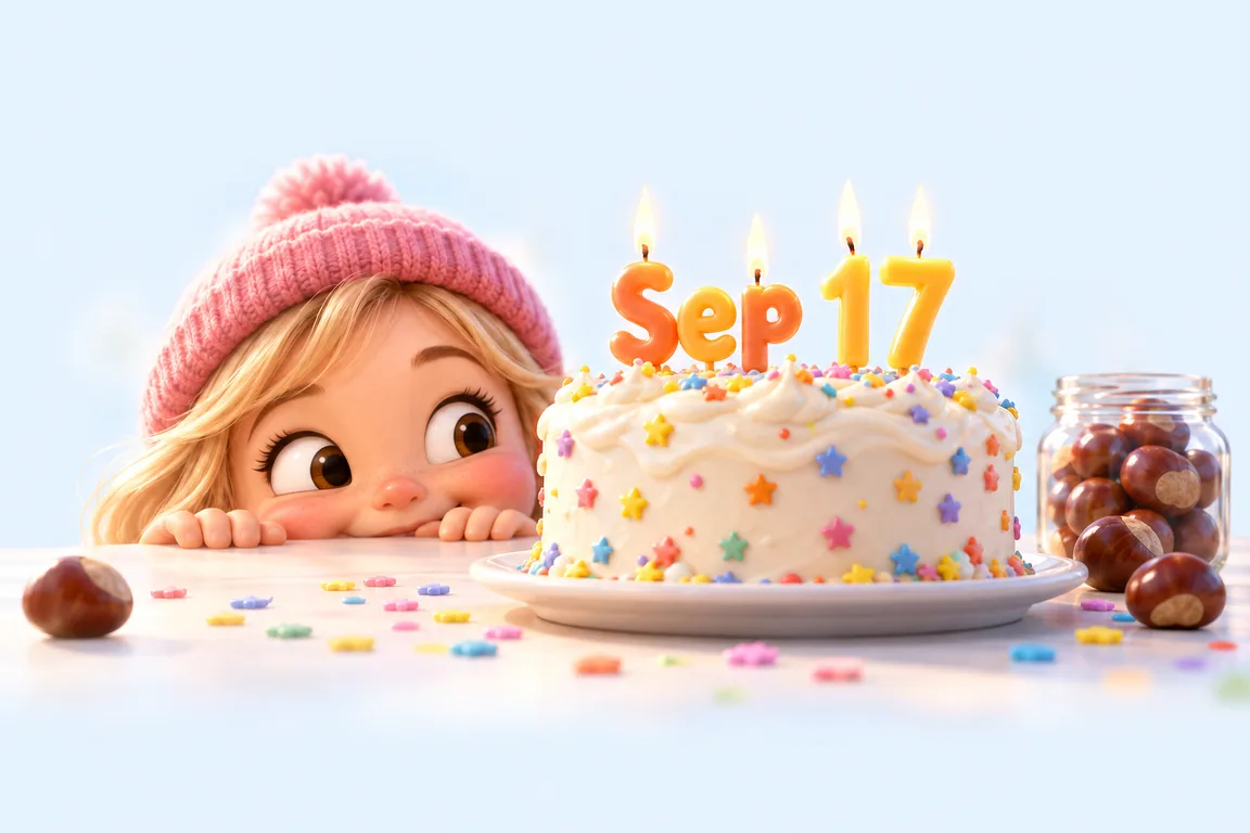 Cartoon birthday scene for September 17: a child behind a cake whose candles spell the date