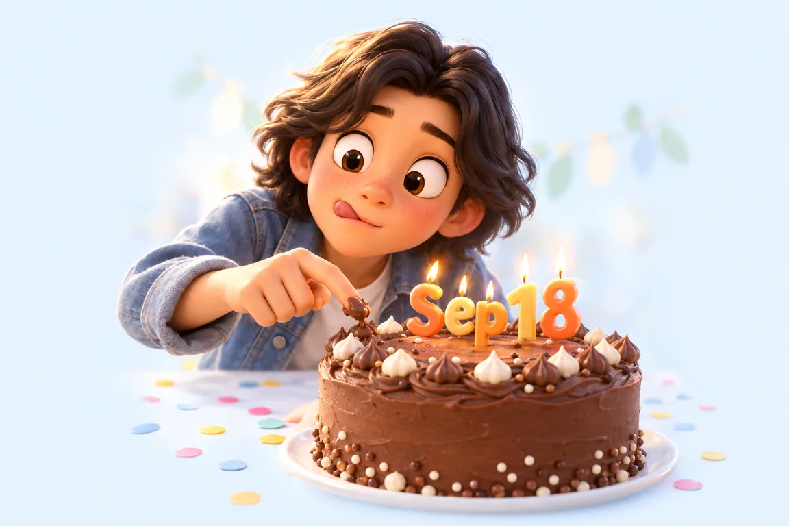 Cartoon birthday scene for September 18: a child behind a cake whose candles spell the date