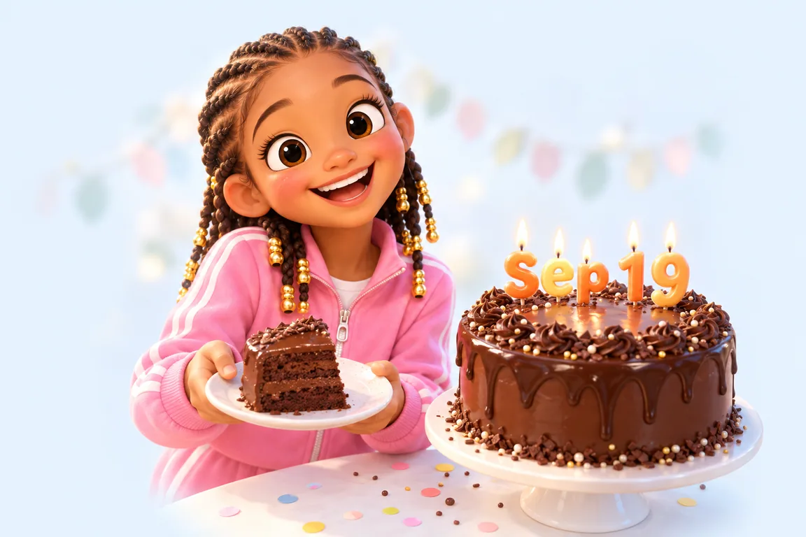 Cartoon birthday scene for September 19: a child behind a cake whose candles spell the date