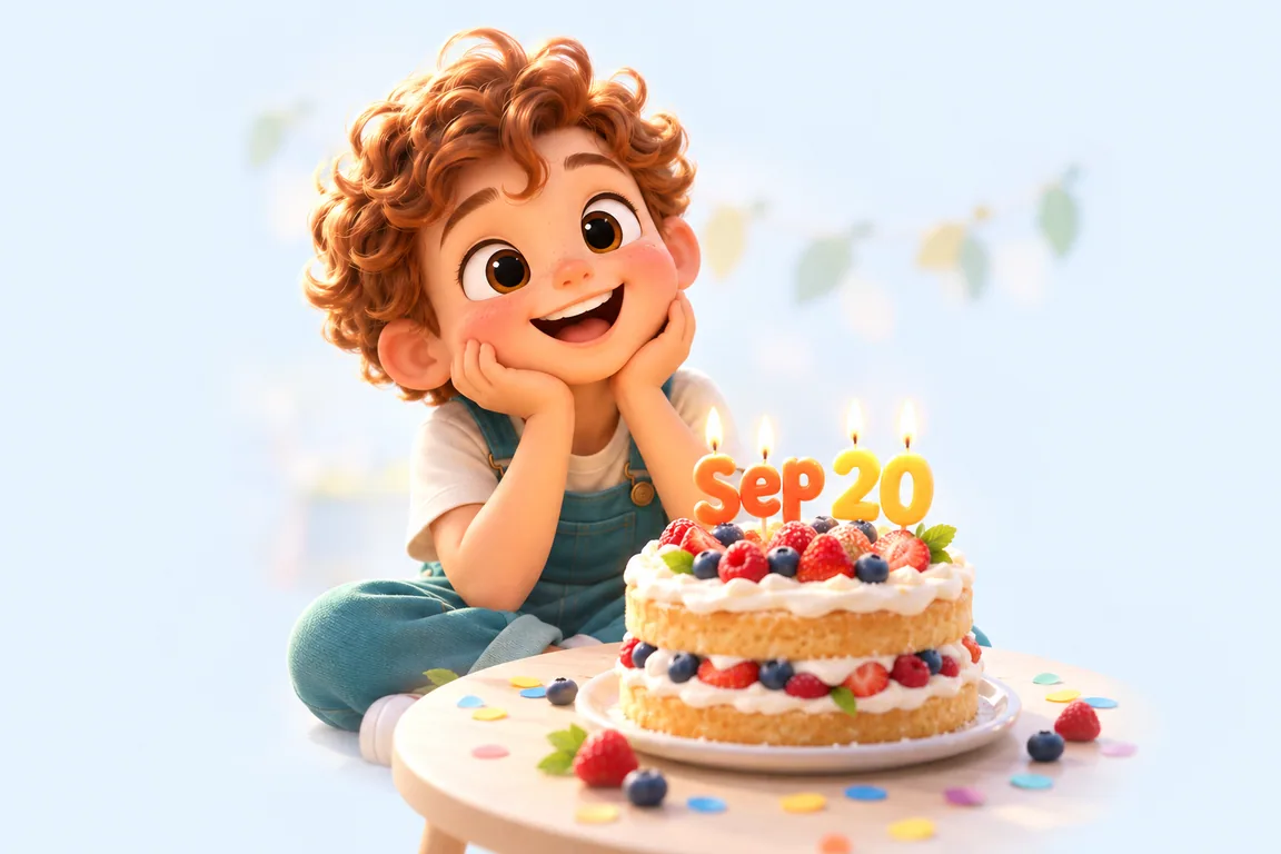 Cartoon birthday scene for September 20: a child behind a cake whose candles spell the date