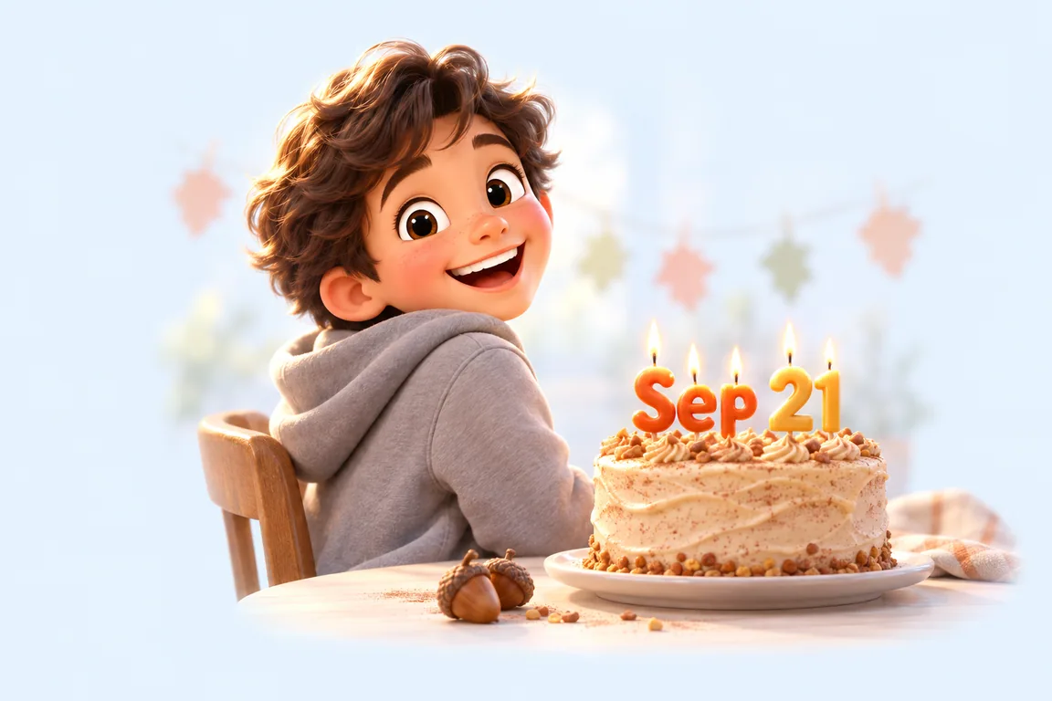 Cartoon birthday scene for September 21: a child behind a cake whose candles spell the date