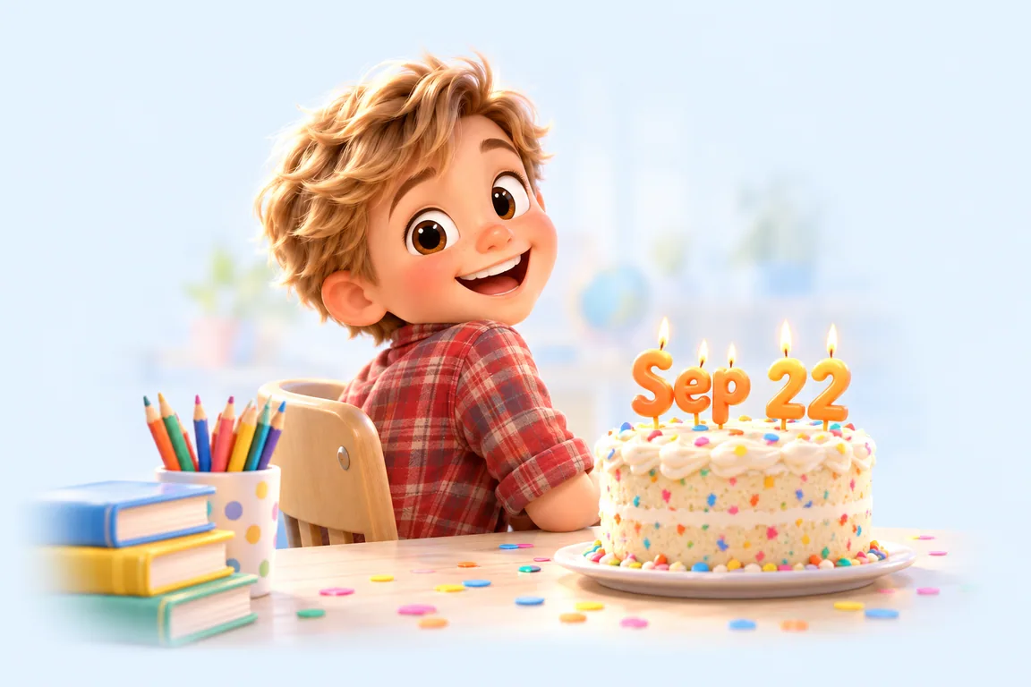 Cartoon birthday scene for September 22: a child behind a cake whose candles spell the date