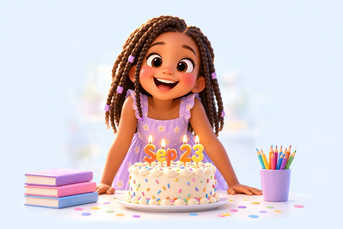 Cartoon birthday scene for September 23: a child behind a cake whose candles spell the date