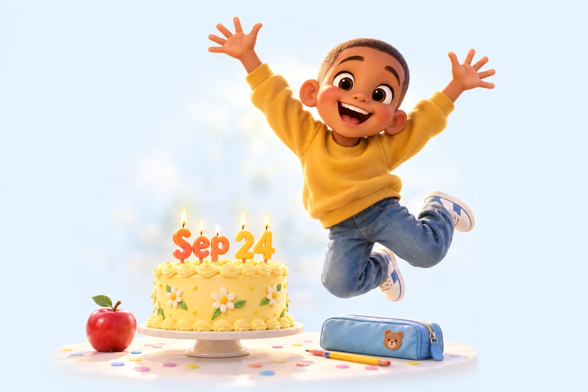 Cartoon birthday scene for September 24: a child behind a cake whose candles spell the date