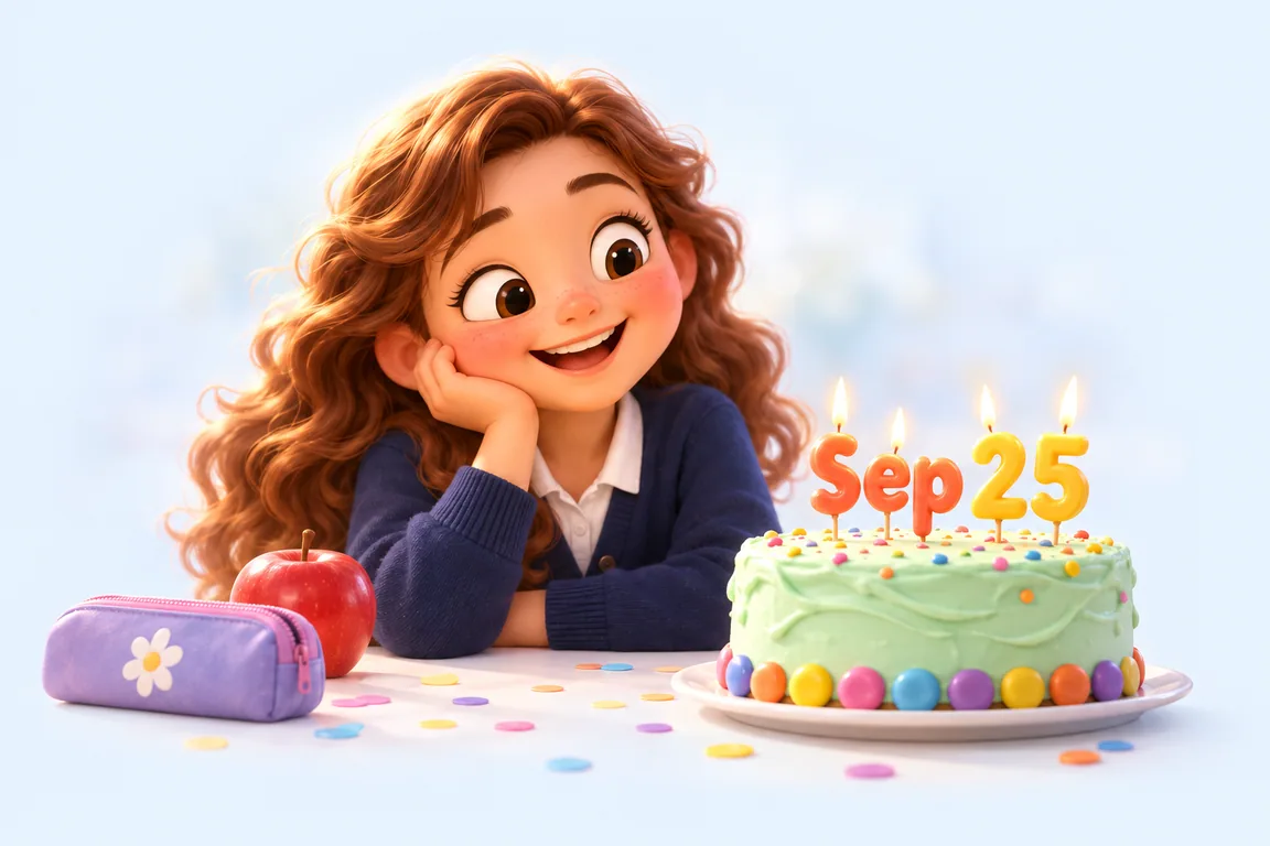 Cartoon birthday scene for September 25: a child behind a cake whose candles spell the date