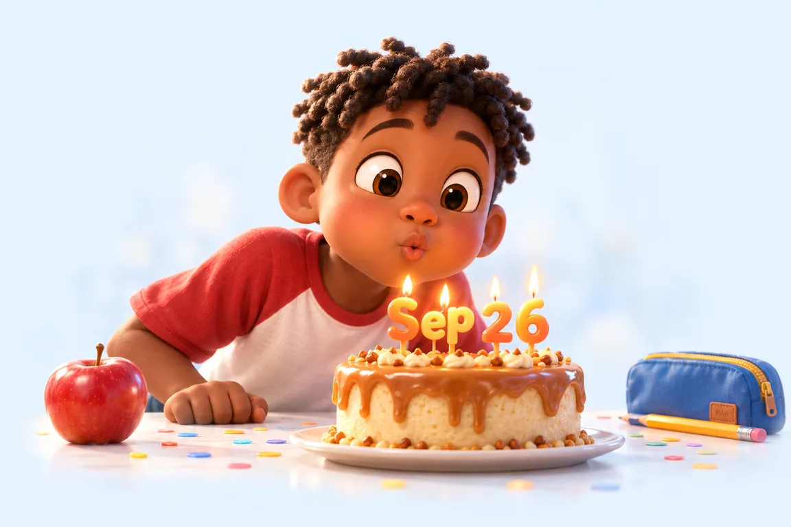 Cartoon birthday scene for September 26: a child behind a cake whose candles spell the date