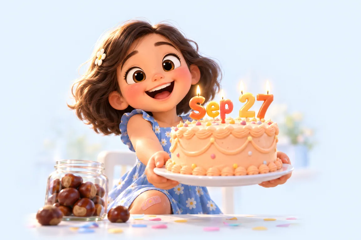 Cartoon birthday scene for September 27: a child behind a cake whose candles spell the date