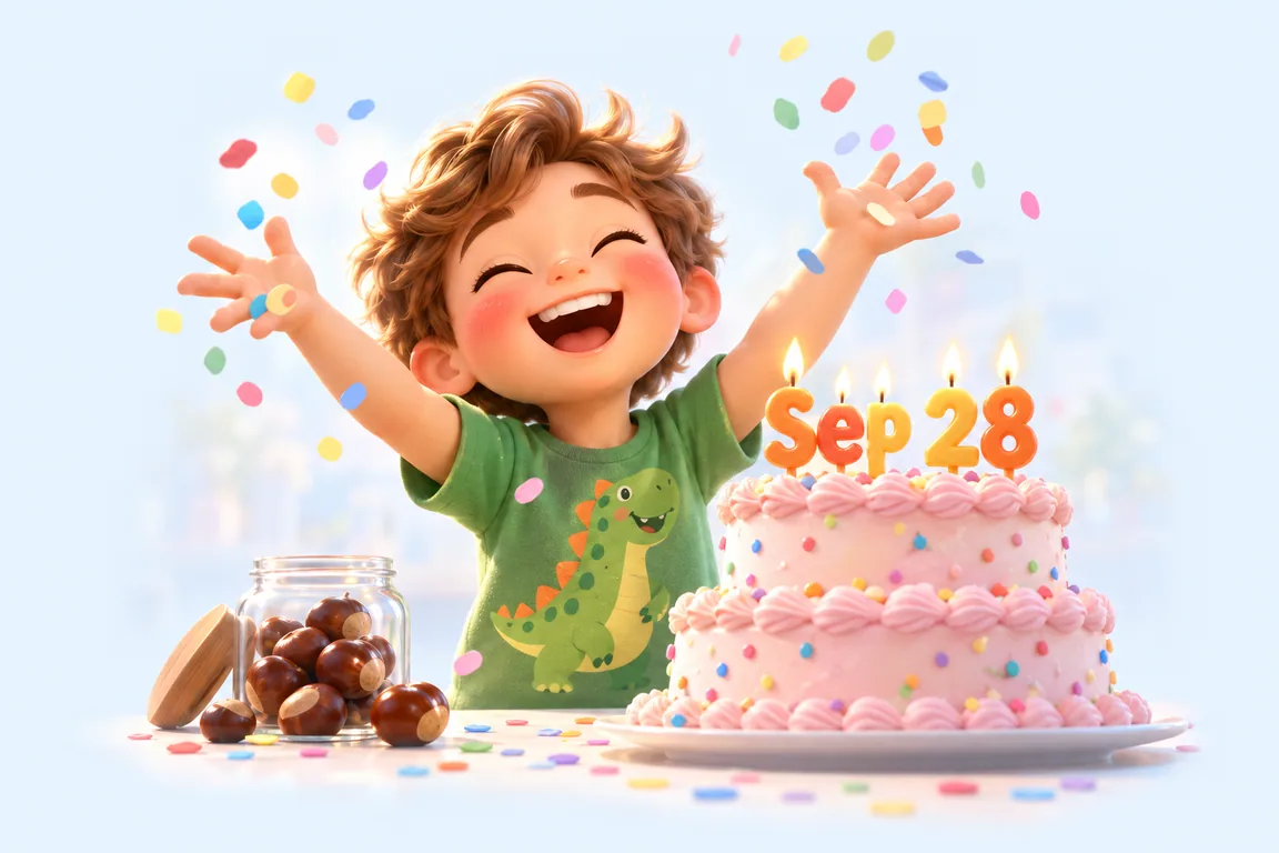 Cartoon birthday scene for September 28: a child behind a cake whose candles spell the date