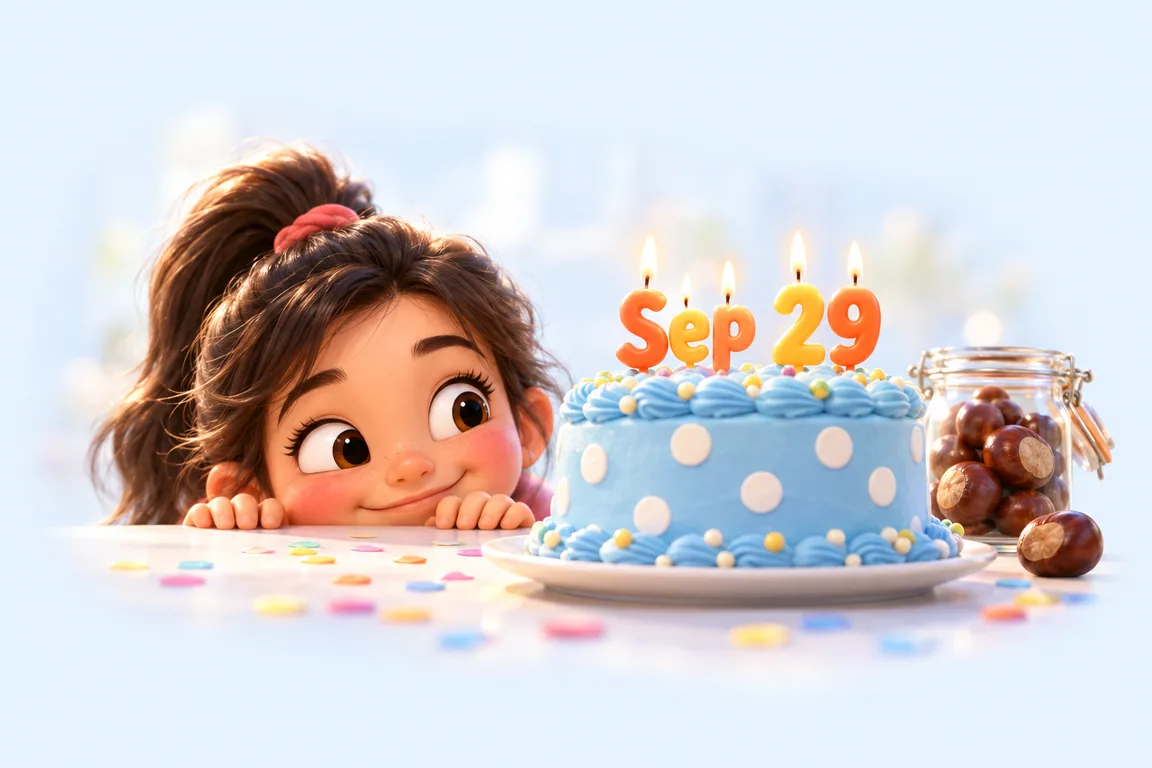 Cartoon birthday scene for September 29: a child behind a cake whose candles spell the date