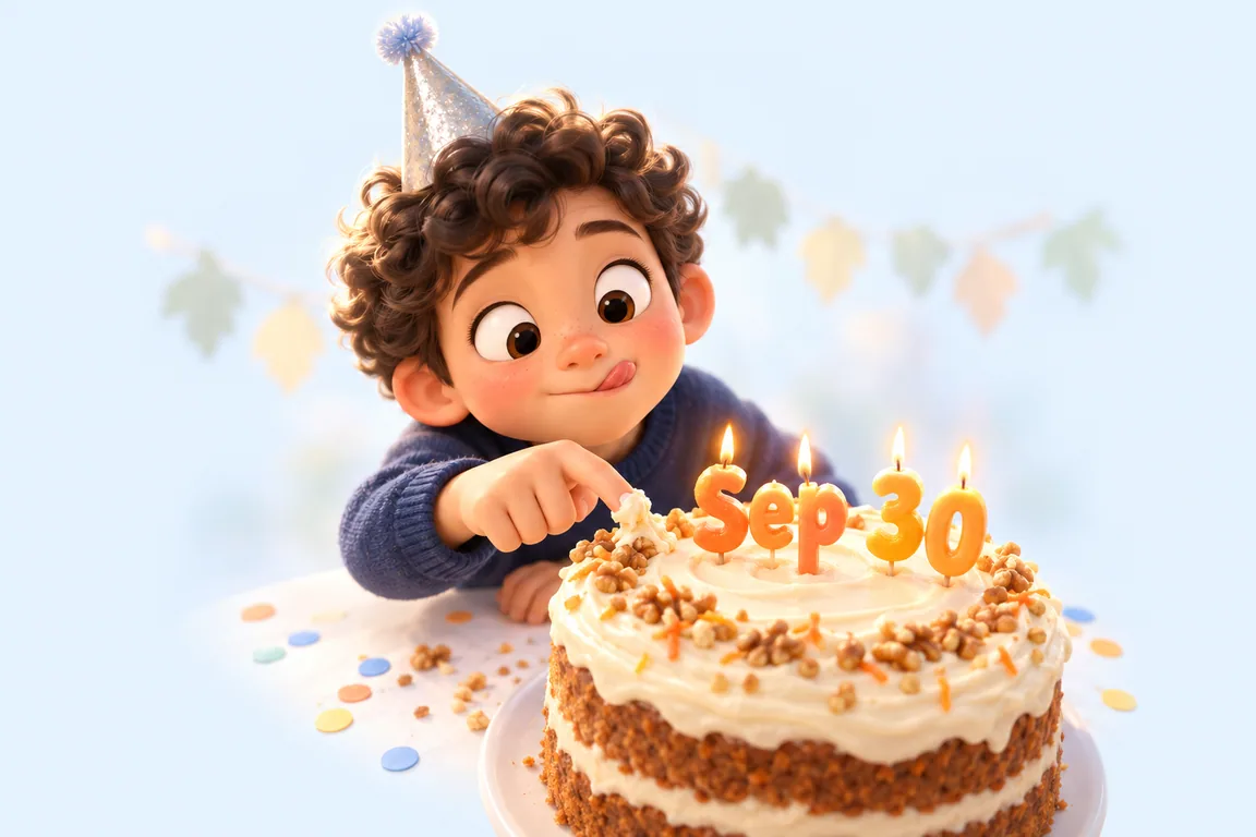 Cartoon birthday scene for September 30: a child behind a cake whose candles spell the date