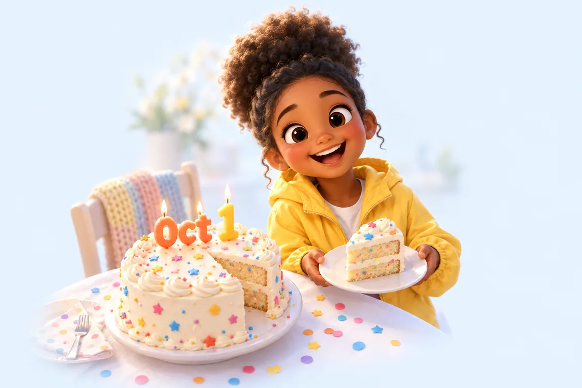 Cartoon birthday scene for October 1: a child behind a cake whose candles spell the date