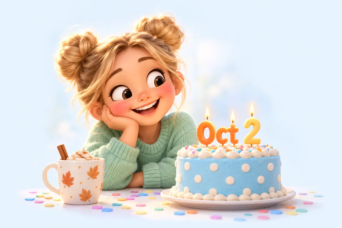 Cartoon birthday scene for October 2: a child behind a cake whose candles spell the date