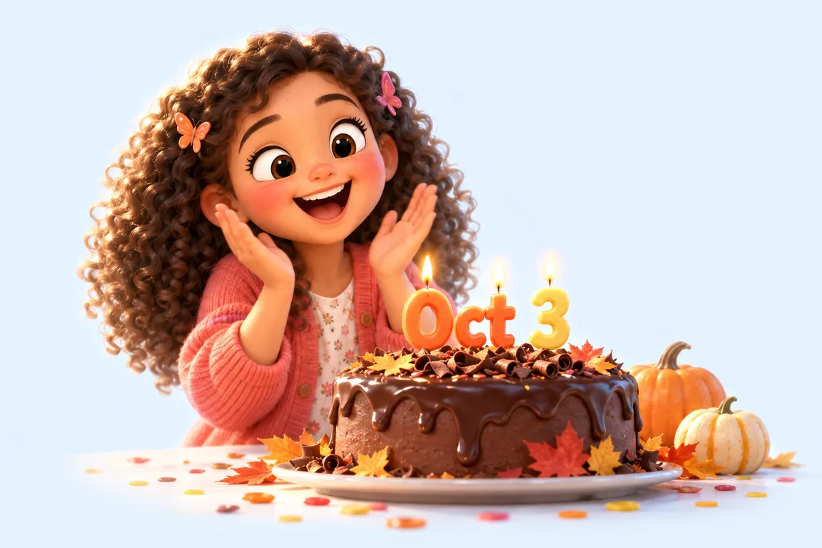 Cartoon birthday scene for October 3: a child behind a cake whose candles spell the date