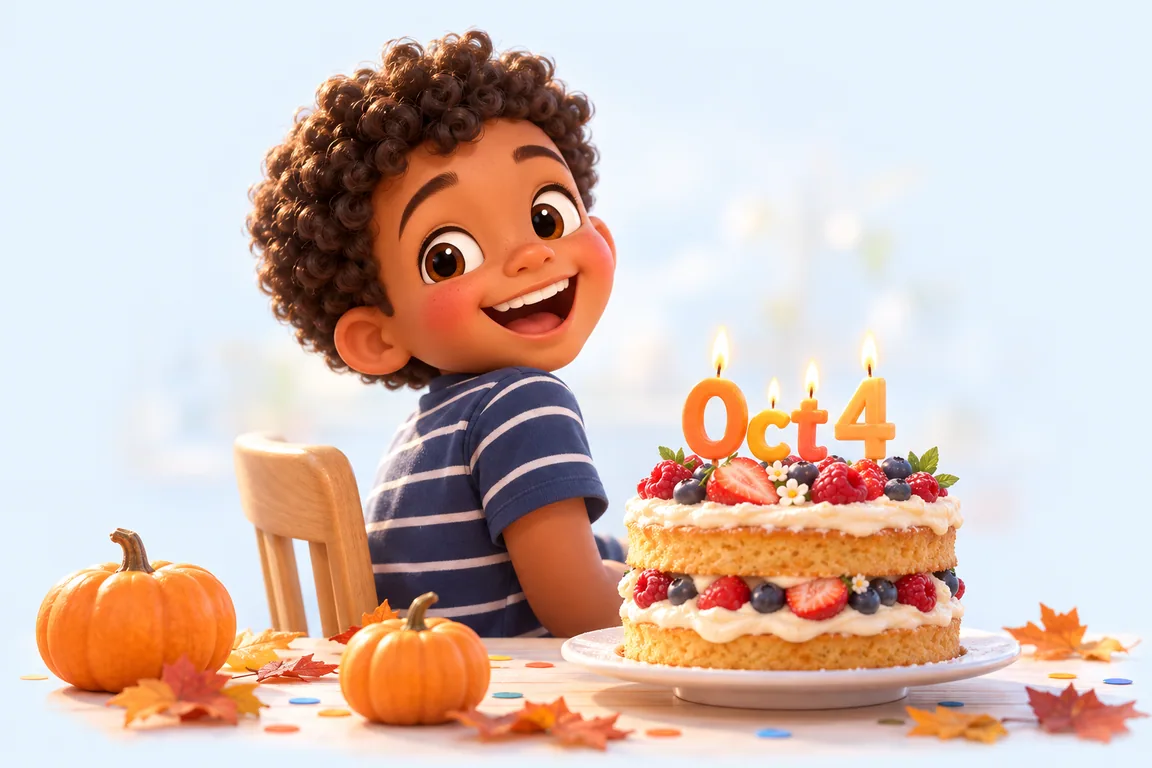 Cartoon birthday scene for October 4: a child behind a cake whose candles spell the date