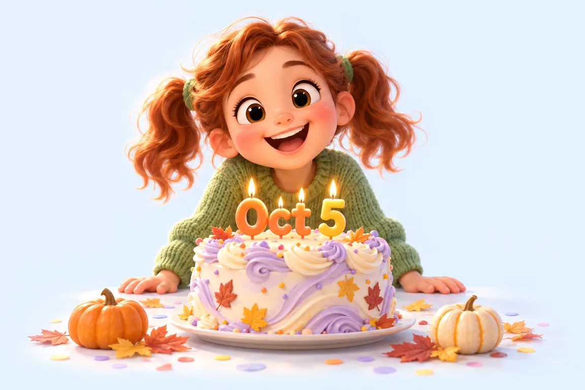 Cartoon birthday scene for October 5: a child behind a cake whose candles spell the date