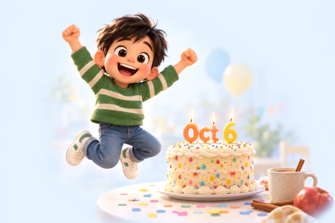 Cartoon birthday scene for October 6: a child behind a cake whose candles spell the date