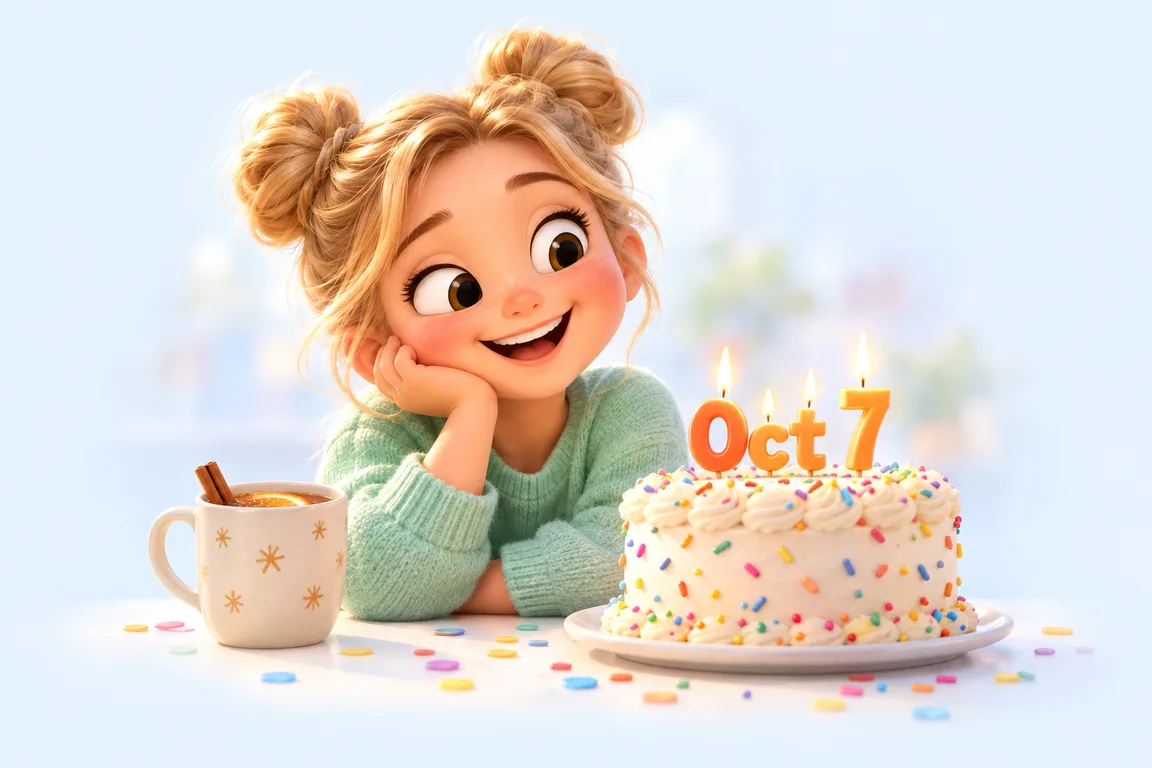 Cartoon birthday scene for October 7: a child behind a cake whose candles spell the date