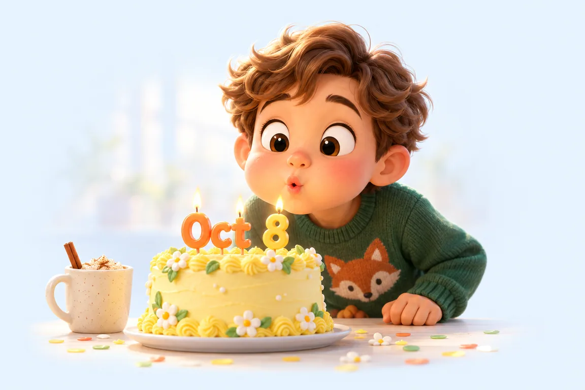 Cartoon birthday scene for October 8: a child behind a cake whose candles spell the date