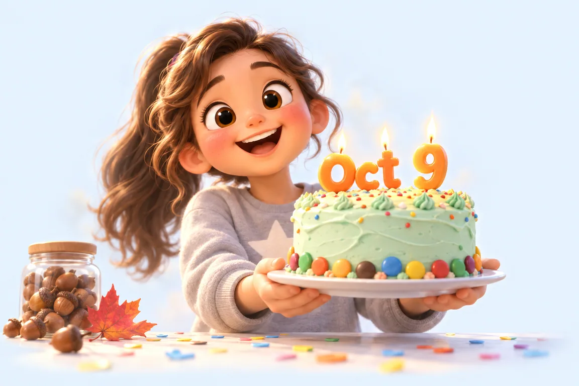 Cartoon birthday scene for October 9: a child behind a cake whose candles spell the date
