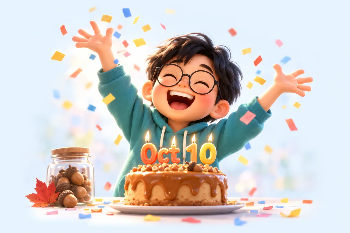 Cartoon birthday scene for October 10: a child behind a cake whose candles spell the date