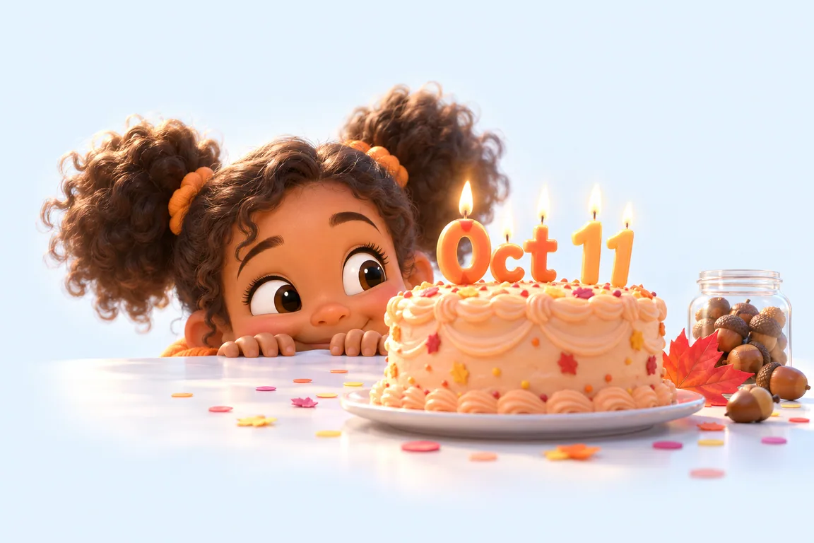 Cartoon birthday scene for October 11: a child behind a cake whose candles spell the date