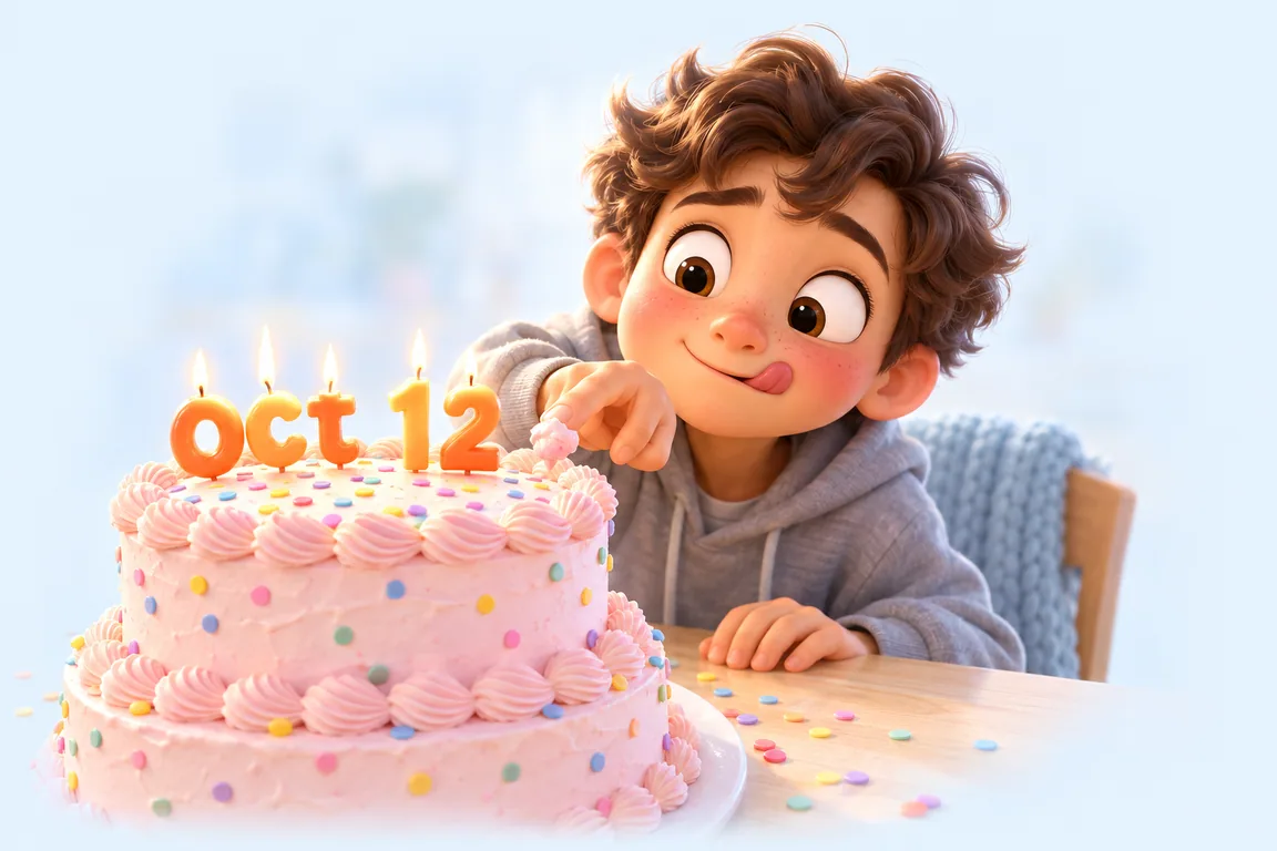 Cartoon birthday scene for October 12: a child behind a cake whose candles spell the date