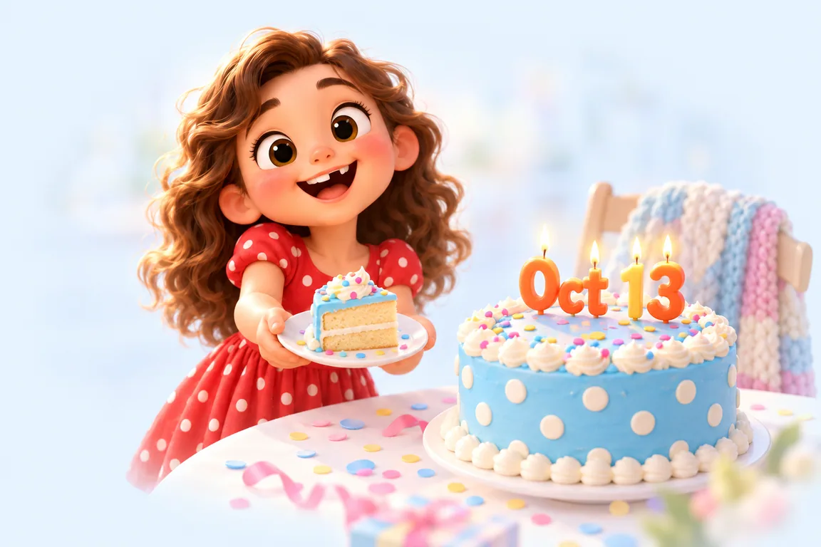 Cartoon birthday scene for October 13: a child behind a cake whose candles spell the date
