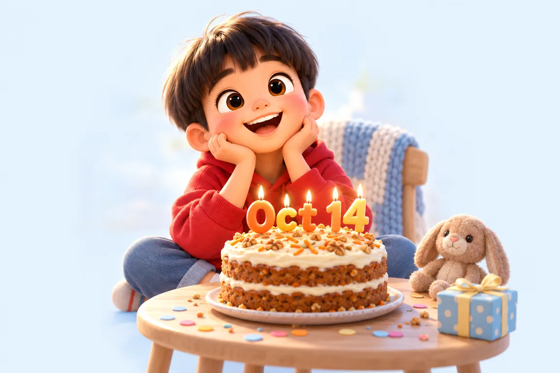 Cartoon birthday scene for October 14: a child behind a cake whose candles spell the date