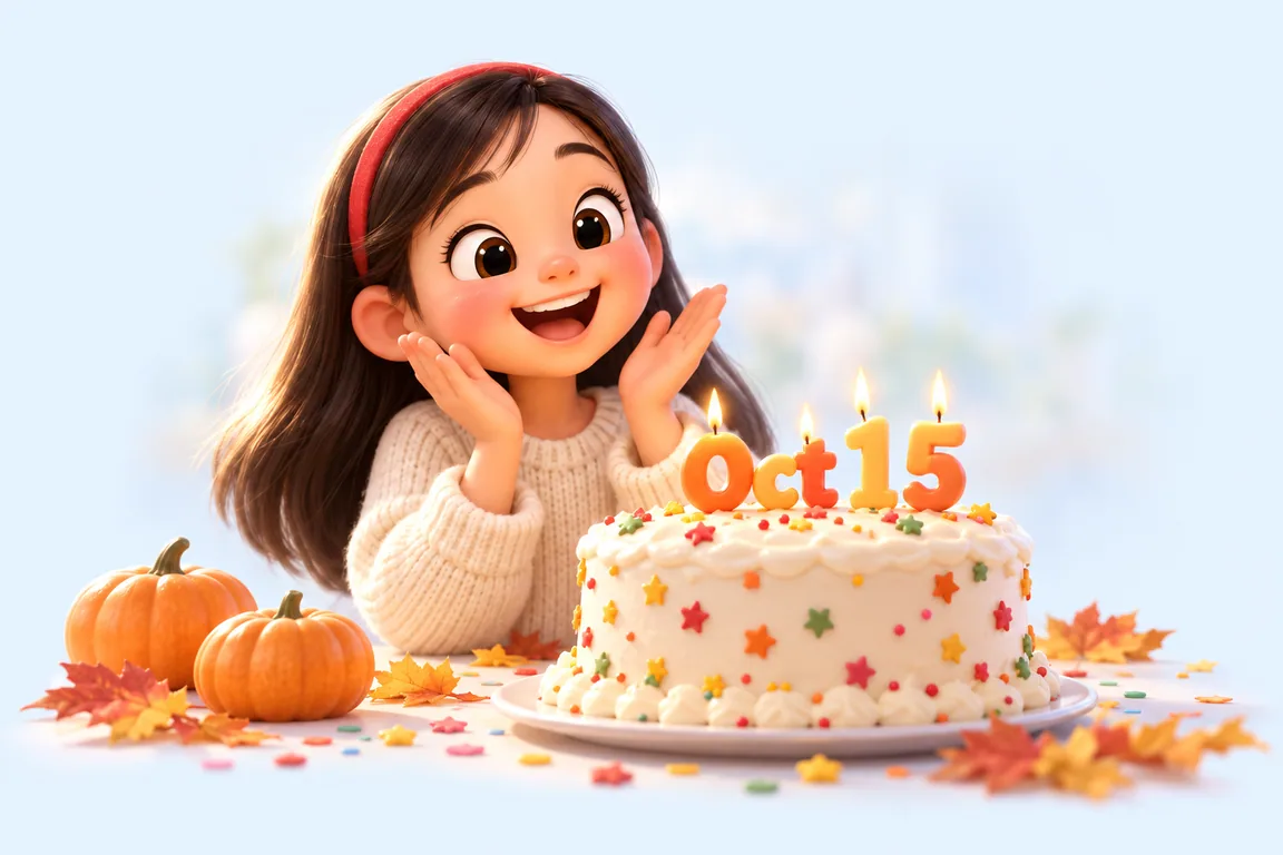Cartoon birthday scene for October 15: a child behind a cake whose candles spell the date