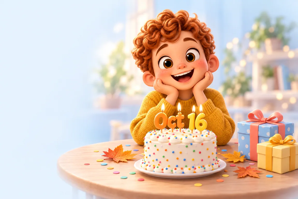 Cartoon birthday scene for October 16: a child behind a cake whose candles spell the date