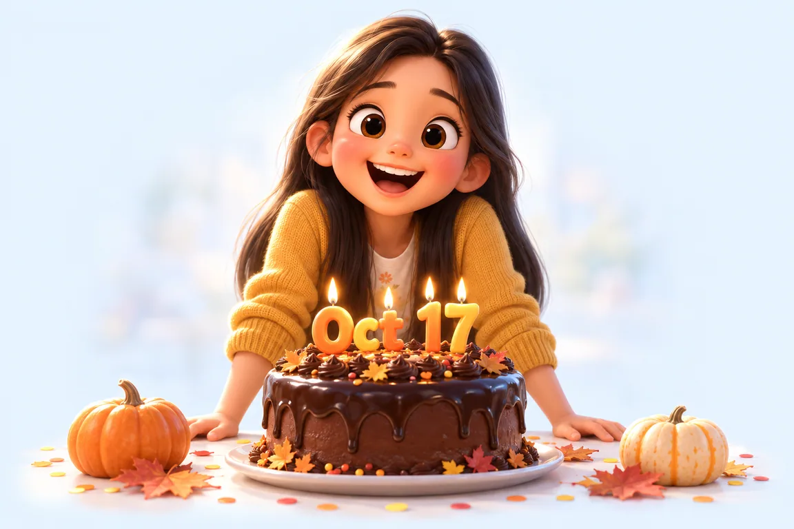 Cartoon birthday scene for October 17: a child behind a cake whose candles spell the date