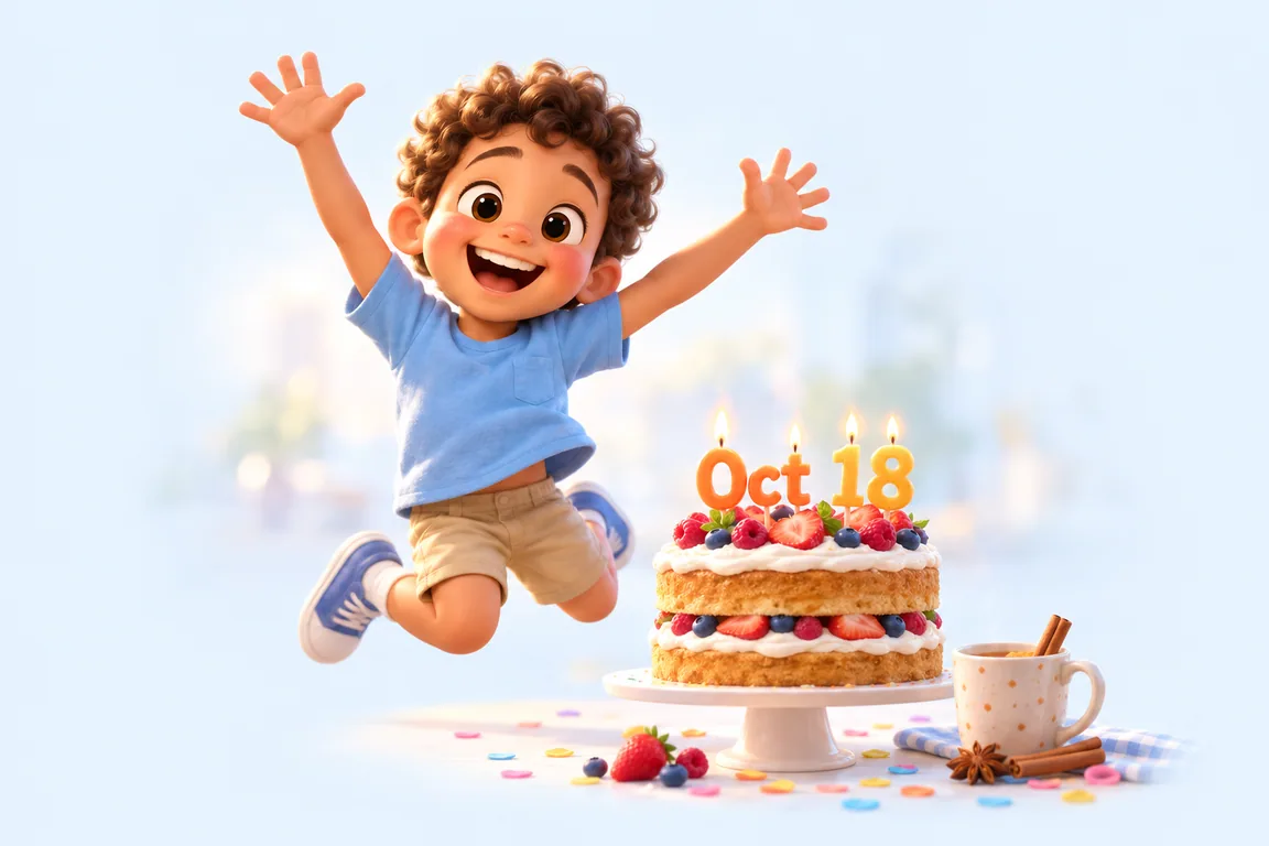 Cartoon birthday scene for October 18: a child behind a cake whose candles spell the date