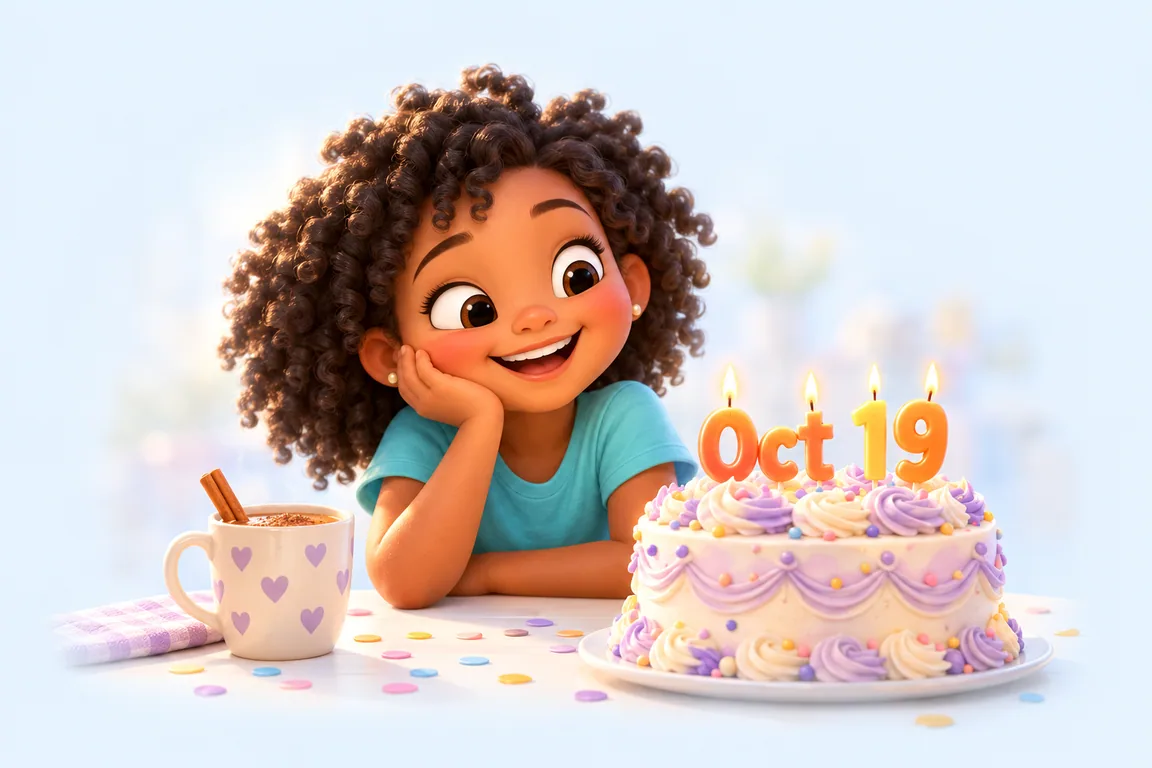 Cartoon birthday scene for October 19: a child behind a cake whose candles spell the date
