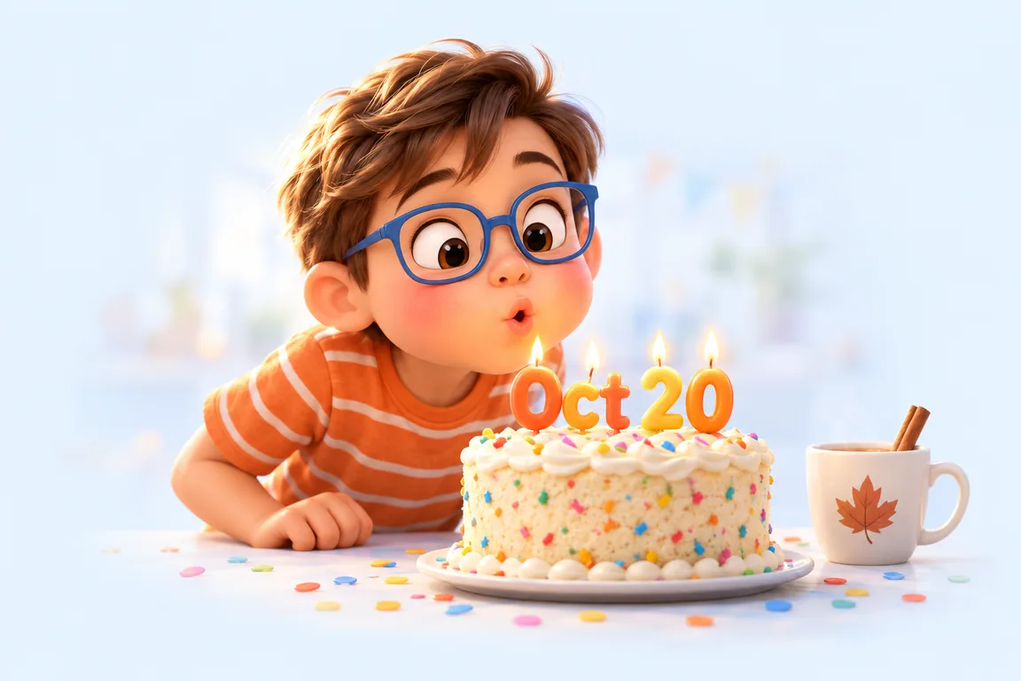 Cartoon birthday scene for October 20: a child behind a cake whose candles spell the date