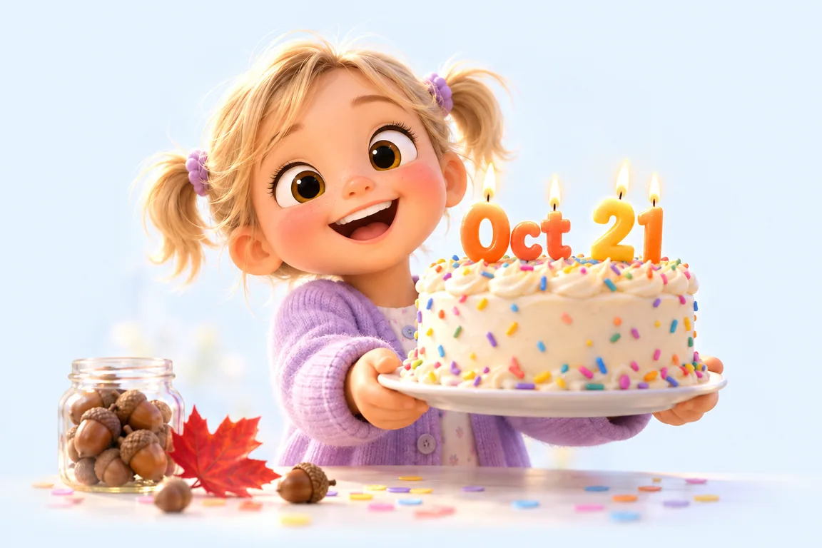 Cartoon birthday scene for October 21: a child behind a cake whose candles spell the date