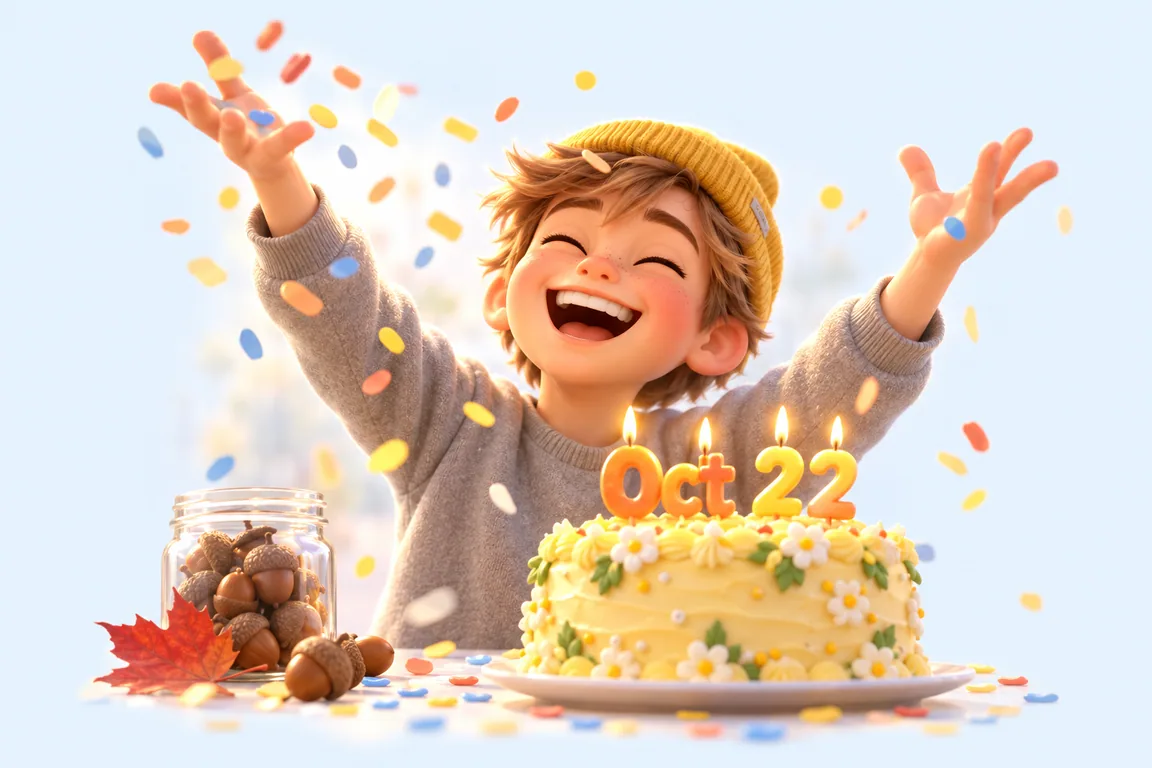 Cartoon birthday scene for October 22: a child behind a cake whose candles spell the date