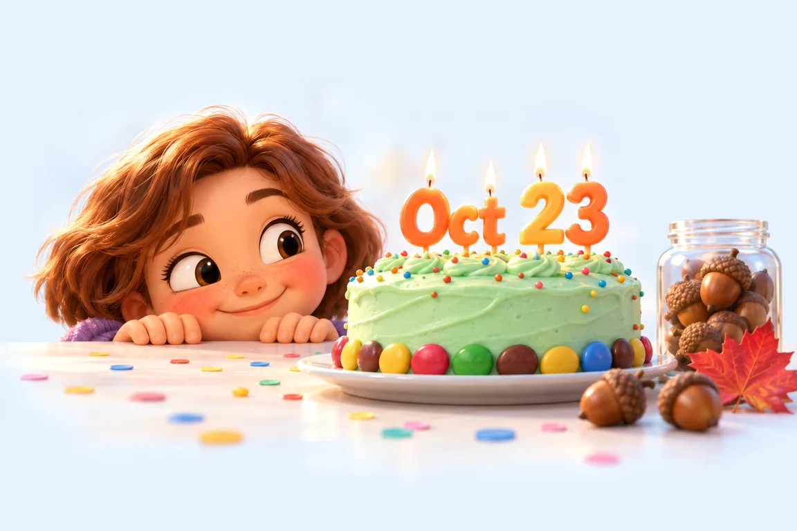 Cartoon birthday scene for October 23: a child behind a cake whose candles spell the date