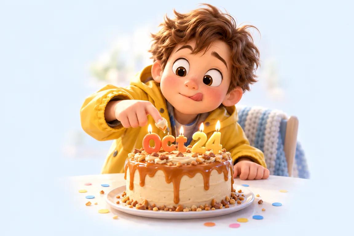 Cartoon birthday scene for October 24: a child behind a cake whose candles spell the date