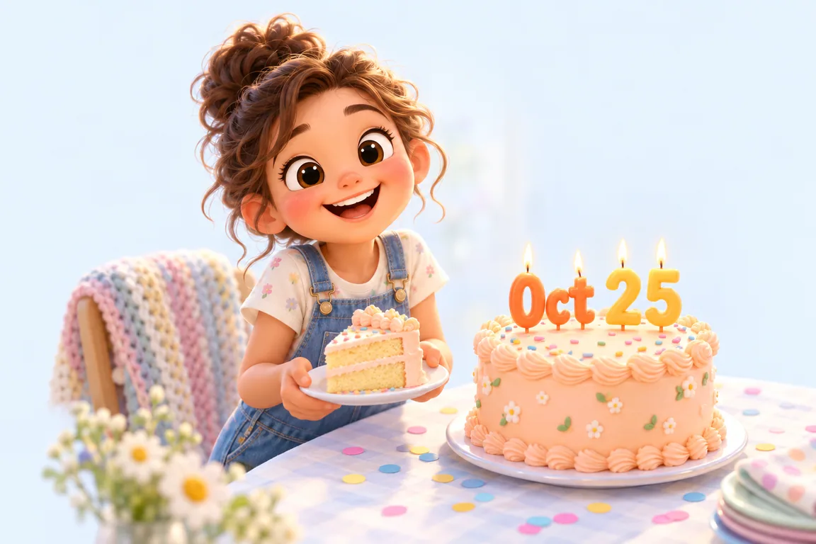 Cartoon birthday scene for October 25: a child behind a cake whose candles spell the date