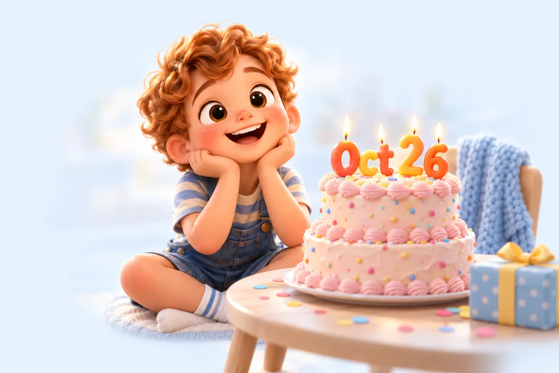 Cartoon birthday scene for October 26: a child behind a cake whose candles spell the date